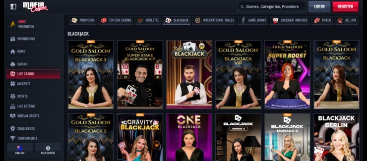 Tavolo da blackjack online con carte e fiches
