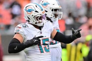 Miami Dolphins linebacker Jaelan Phillips points.
