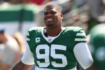 New York Jets defensive tackle Quinnen Williams looks.