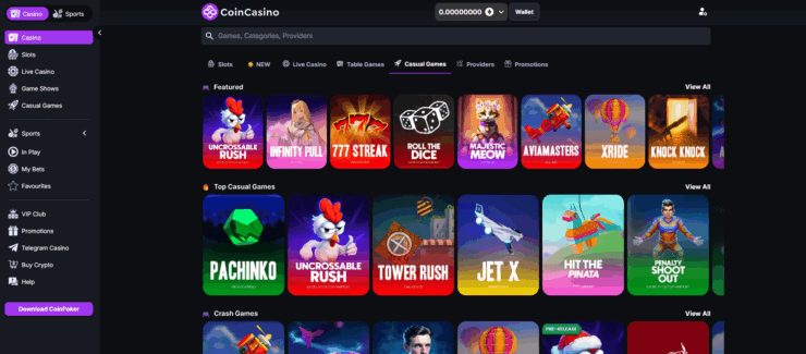 A snapshot of casual games available at CoinCasino