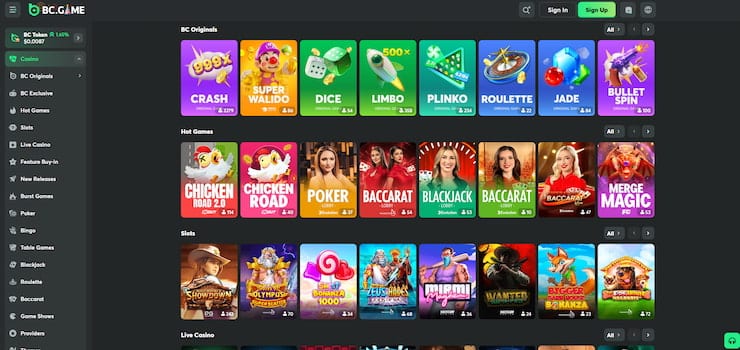 A screenshot of the main casino page at BC.Game