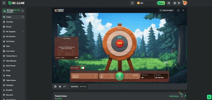 A look at the game hub for Forest Arrow game at BC.Game