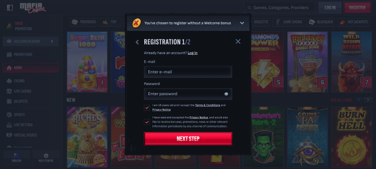 Register a new player account at Mafia Casino in Australia