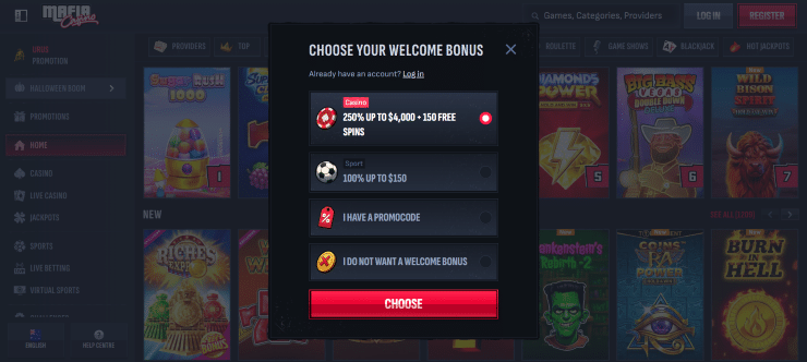 Collect your casino welcome bonus at Mafia Casino in Australia