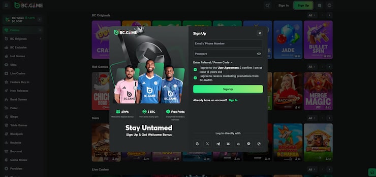 A preview showing the sign-up pop-up box at BC.Game