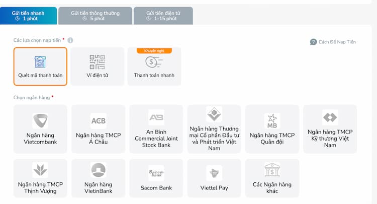 Các phương thức nạp tiền nhà cái Tài Xỉu BK8 đang hỗ trợ