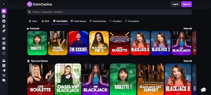 The live dealer game lobby at CoinCasino.