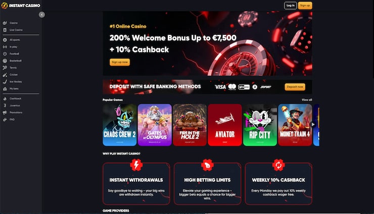 Schermata della homepage di Instant Casino che mostra la selezione di giochi e le offerte promozionali.