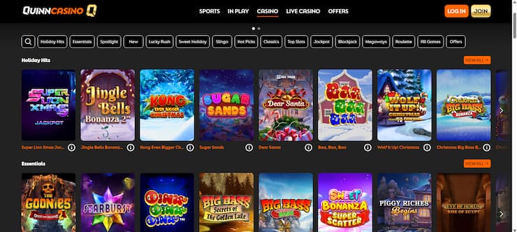 Irish online casino QuinnBet showcasing it's vast selection of casino games.