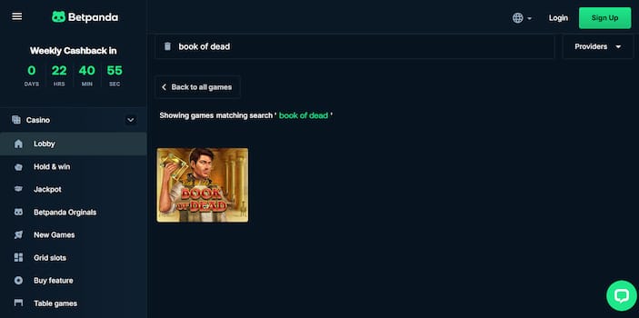 A screenshot of how to find Book of Dead at BetPanda