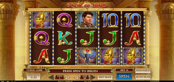 A snapshot showing how to spin with the Book of Dead online slot