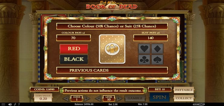 A snapshot of how the gamble feature works during Book of Dead slot gameplay