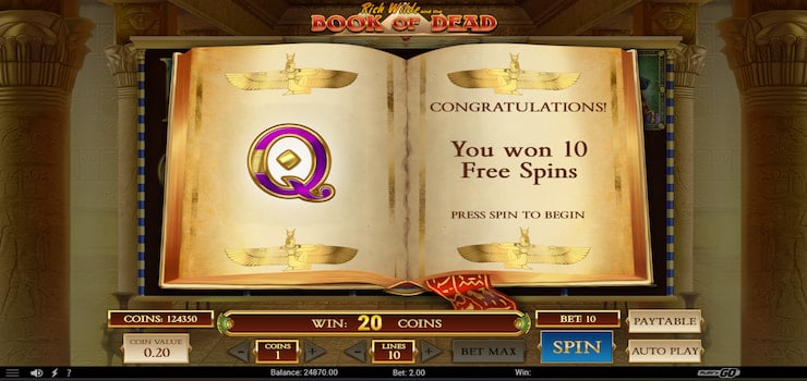A screenshot of the Free Spins round for Book of Dead being started