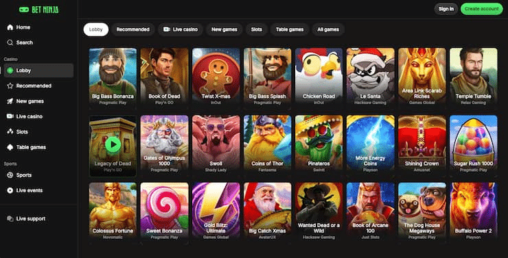 BetNinja online casino Bahrain lobby with slots and table games