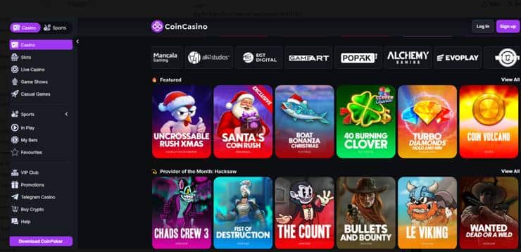 A screenshot of the casino game selection at CoinCasino