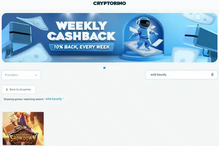 A screenshot of the game lobby at Cyrptorino showing the slot game Wild Bounty Showdown slot