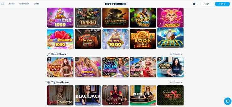 A screenshot of the casino game lobby at Cryptorino - a top Monero online casino