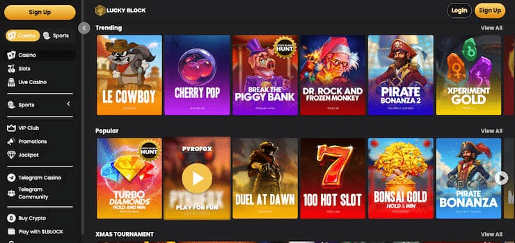 Lucky Block online casino Bahrain lobby with popular slot games