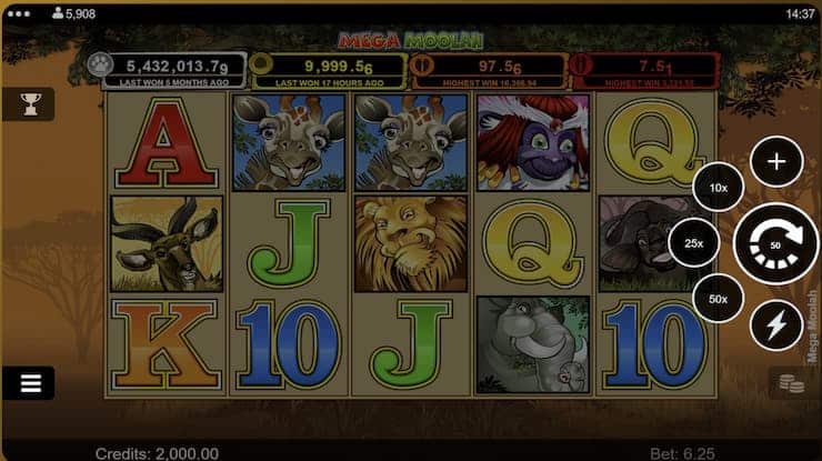a screenshot of Mega Moolah slot controls
