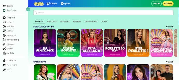 The live casino lobby at Samba Slots.