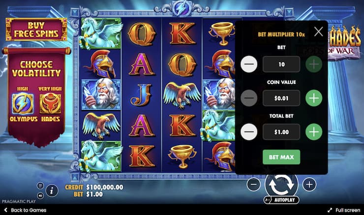 a screenshot of Zeus vs Hades slot game control functions