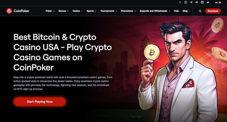 CoinPoker's crypto-powered home page featuring a one-thousand premium casino games banner and a 'Start Playing Now' button.