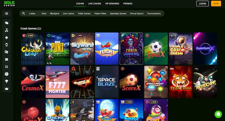 The Wild Casino lobby displaying a diverse grid of crash games including titles like Chicken Leap, Skyward Deluxe, and Space Blaze