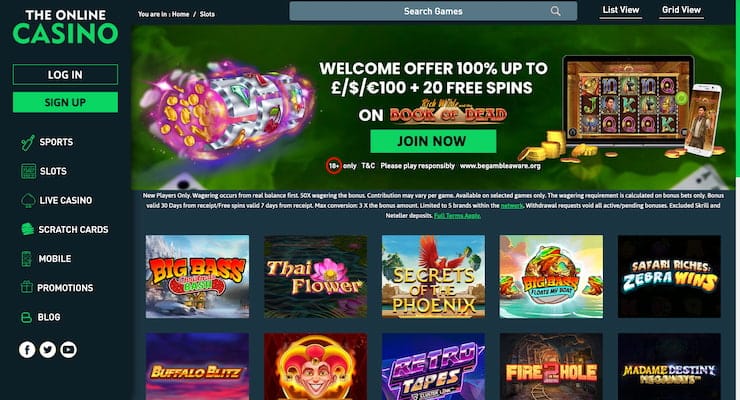 The Online Casino's slot interface featuring popular titles and a 100% welcome bonus offer for new players.