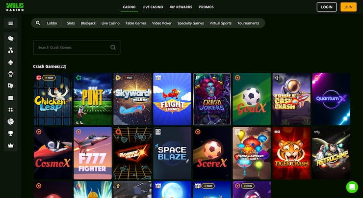 The Wild Casino game lobby displaying a diverse selection of high-action crash games for fans of a mobile google pay casino