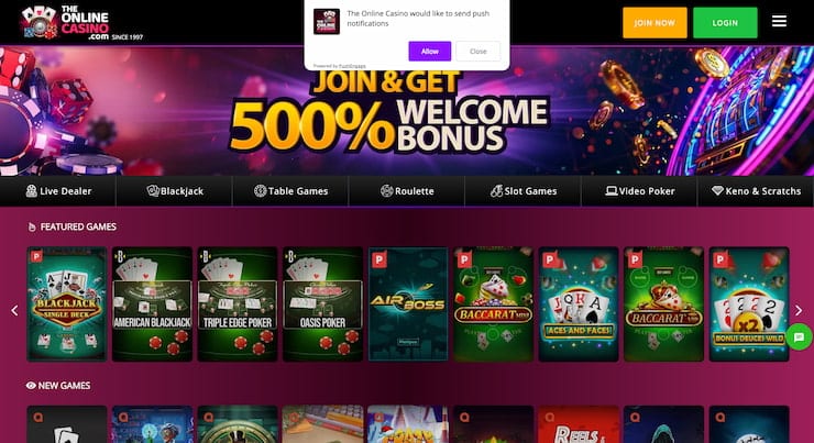 A preview of The Online Casino’s interface featuring a 500% welcome bonus offer for players seeking a premier google pay casino.