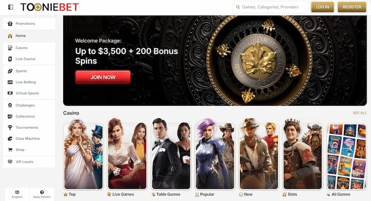 A snapshot of Tooniebet's home page featuring a $3,500 welcome bonus for users of a jeton casino canada.