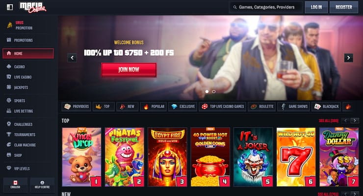 The Mafia Casino game lobby displaying a massive selection of high-RTP slots for a jeton casino canada.