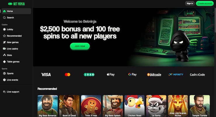 A preview of Betninja's streamlined mobile interface and 100% welcome offer for a jeton casino canada.