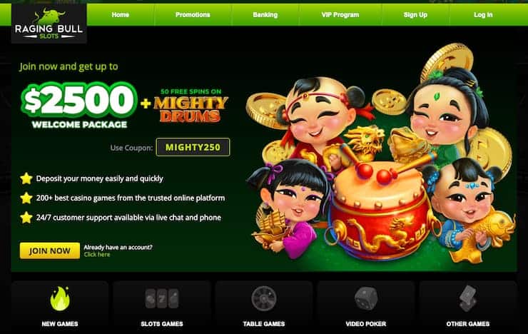 An image of the site's homepage from our Raging Bull Casino review