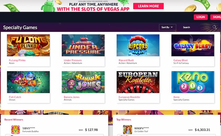 An image of the site's specialty games page from our Slots of Vegas Casino review