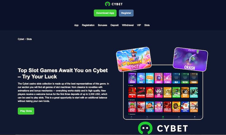 An image from our Cybet Casino review of the slots page on the site