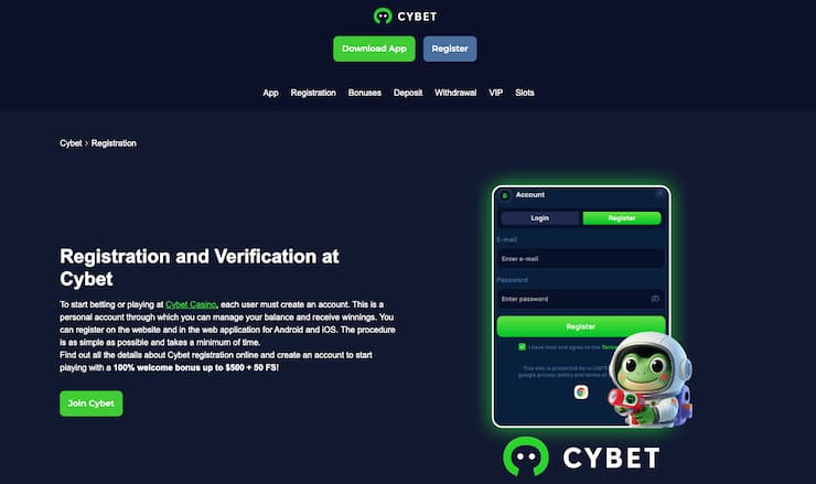A registration process image shown from our Cybet Casino review
