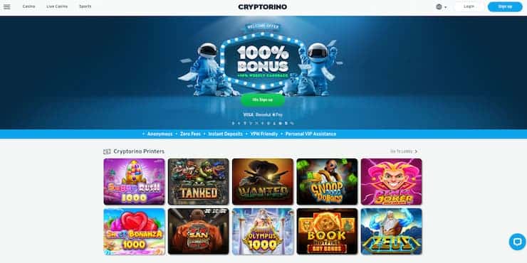An image of the main page at the site from our Cryptorino Casino review