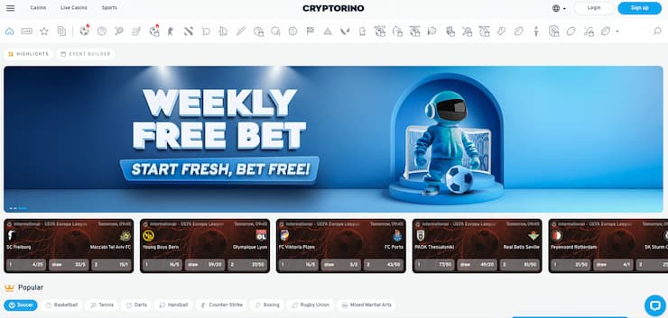An image of the sports betting homepage on the site from our Cryptorino Casino review