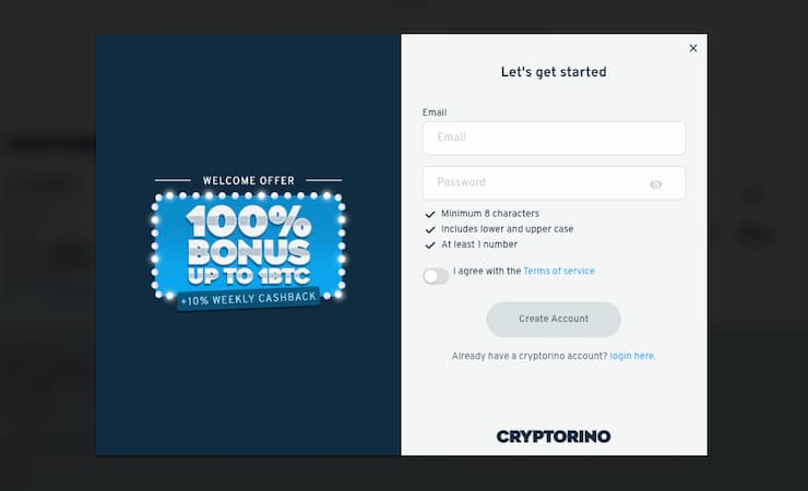 An image of the sign up process from our Cryptorino Casino review