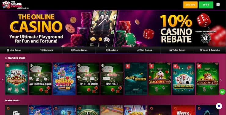 An image of the main page on the site from our The Online Casino review
