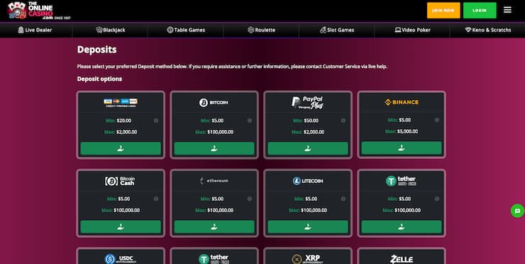 An image from our The Online Casino review of deposit methods at the site