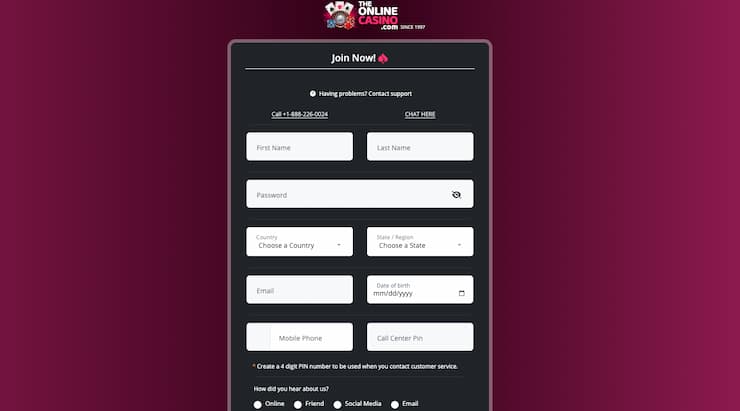 An image of the sign up screen on the site from our The Online Casino review