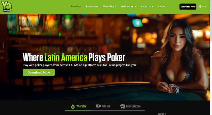 An image from the Ya Poker website features a woman at a poker table with the headline "Where Latin America Plays Poker" and a prominent "Download Now" button.