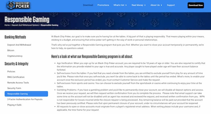 An image of the responsible gambling page on the site from our Black Chip Poker review
