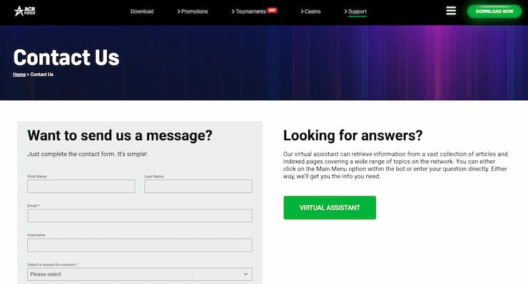 An image of the customer support screen from our ACR Poker review