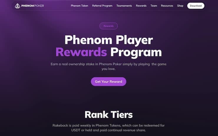 An image of the rewards program page from our Phenom Poker review