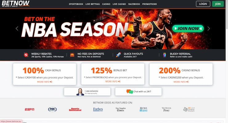 Homepage of BetNow PayPal betting site showcasing their 100% cash bonus and weekly rebate offers for sports and casino bettors.
