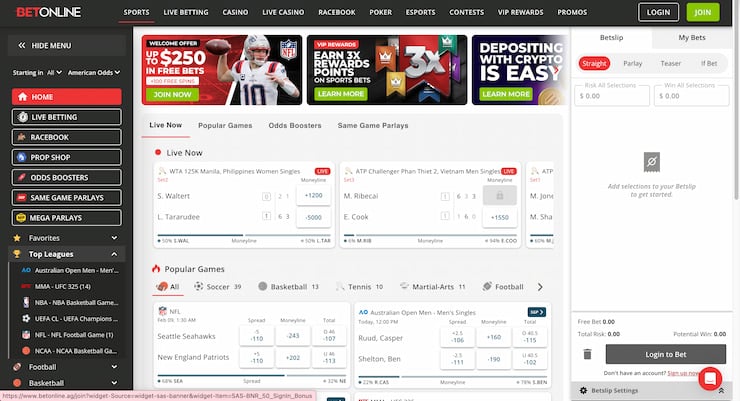 The BetOnline sports betting PayPal interface displaying live odds, popular games, and an integrated bet slip for various sporting events.