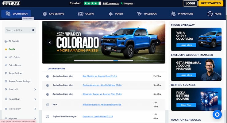 The BetUS PayPal sportsbook landing page featuring upcoming events like the Australian Open and a prominent truck giveaway promotion.
